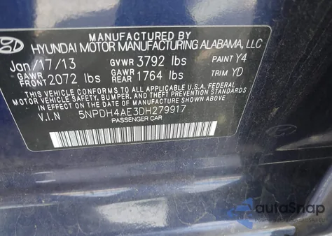 2013 Hyundai Elantra Gls z USA, uszkodzony, nr VIN 5NPDH4AE3DH279917